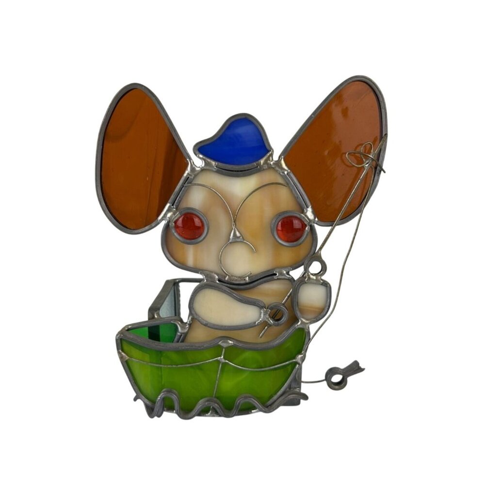 Stained Glass Mouse Fishing  Boat Votive Candle Holder Marie Tatina Sun Catcher